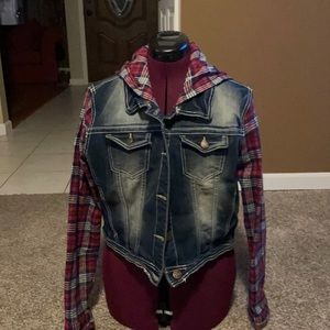 Flannel hooded and sleeved jean jacket